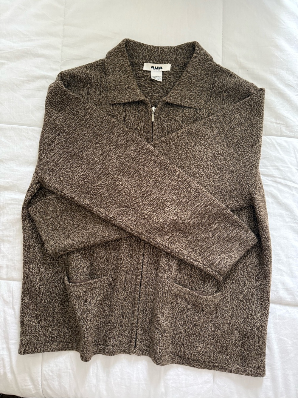 Alia Brown Textured Zip-Up Women's Sweater